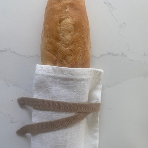 Linen baguette French bread bag with beige ties, washable. Hostess or housewarming gift. Bread storage and display. Made in the USA.