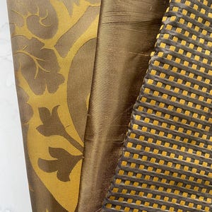 Gold and taupe damask silk fabric, plaid and solid fabric 12&quot; x 24&quot; three pieces in total for crafting projects book binding scrapbooks