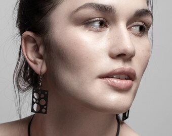 Inner tube jewelry. Black recycled earrings MOMBASA. Upcycled vegan jewelry. Eco design. Rectangular perforated earrings. Gift for her.