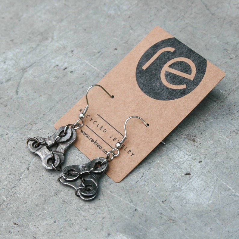 Recycled bike chain earrings LIVERPOOL. Jewelry for cyclists made of repurposed materials. Ecological gift for women. image 1