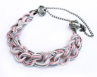 Upcycled Statement necklace. Upcycled jewelry. White and pink necklace made from recycled electric cables TAIPEI.