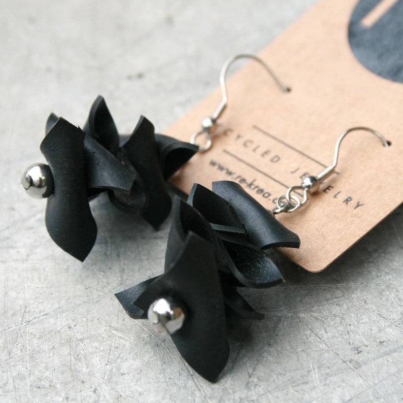 Repurposed materials earrings NAIROBI. Recycled bike inner tube jewelry. Black upcycled earrings. Eco-friendly gift for women. image 2