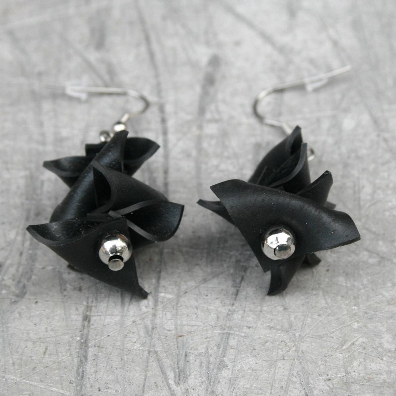 Repurposed materials earrings NAIROBI. Recycled bike inner tube jewelry. Black upcycled earrings. Eco-friendly gift for women. image 5