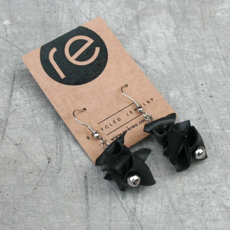 Repurposed materials earrings NAIROBI. Recycled bike inner tube jewelry. Black upcycled earrings. Eco-friendly gift for women. image 3