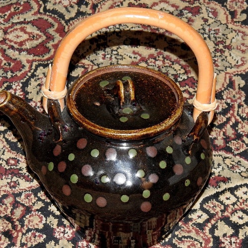 WILLEM GEBBEN Tenmoku TEAPOT - Kaki (Persimmon) shops & Green Dots w. Rattan Cane Handle. Lg. - Holds almost 32 oz./4 Cups. Wood-fired.