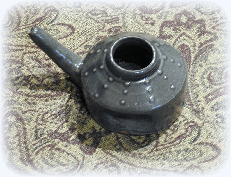 NETI Pot Blue Glaze w WILLEM GEBBEN Raised Tan Dots Green Highlights Hillcrest Pottery Wood-fired Traditional Stoneware Yoga Sinus Relief