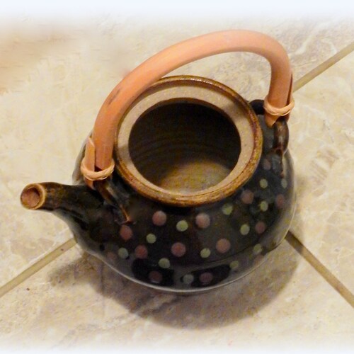 WILLEM GEBBEN Tenmoku TEAPOT - Kaki (Persimmon) shops & Green Dots w. Rattan Cane Handle. Lg. - Holds almost 32 oz./4 Cups. Wood-fired.