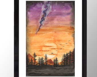 Desert galaxy mountain sunset Landscape Watercolour, Print, Digital Download, Wall Art