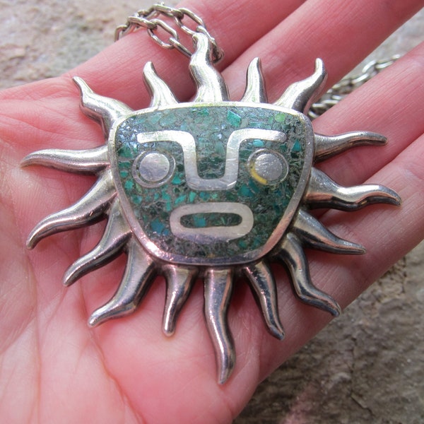 Vintage Large Taxco Mexico Miguel Melendez Malachite Sterling Silver Stone Chips Aztec Mayan Tribal Sun Pendant Necklace Long Original Chain