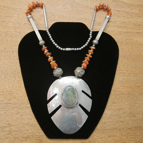 Vintage Artisan 70s Long Silver Tone Metal Beaded Carnelian Nuggets Leaf Feather Medallion with Cabochon Bezel Set Stone Boho Gypsy Necklace