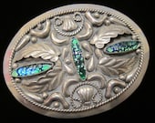 Vintage Mexico Mexican Alpaca Silver 3 Navette Marquise Foiled Art Glass Cabochons Four Leaves Large Belt Buckle - Unisex Mexican Accessory