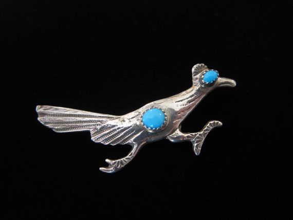 Vintage Sterling Silver Native American NOS Blue Turquoise Stamped Roadrunner Brooch Pin