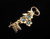 Vintage Coro Gold Tone Key with White Flowers Leaves and Blue Rhinestones Brooch Pin - Skeleton Key, Signed Coro, Coro Jewelry