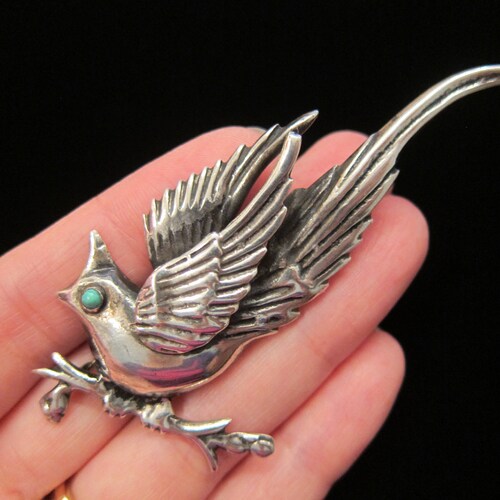 Vintage Mexico Mexican Sterling Silver Turquoise Stone Eye Stylized Bird Brooch Pin - 925 Mexican Jewelry Detailed shops Feathers and Design