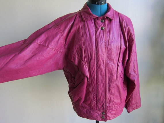 Vintage 80s Magenta Pink Leather Jacket Coat Diag… - image 1