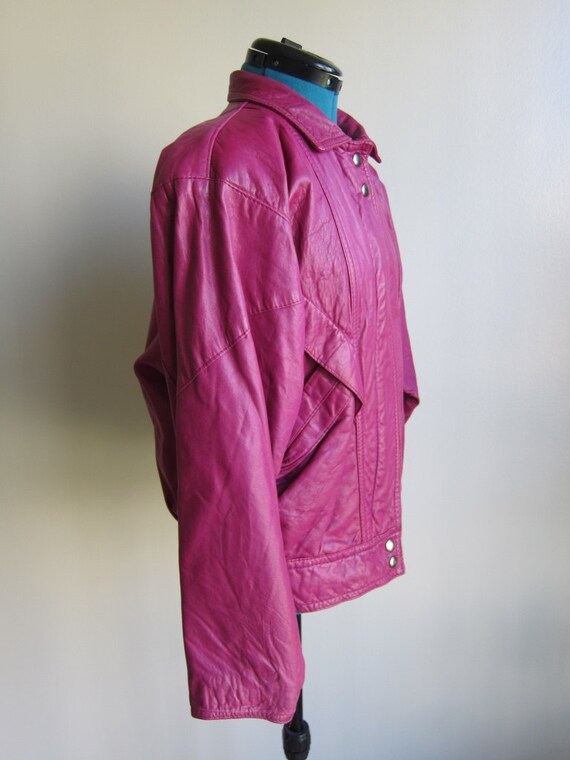 Vintage 80s Magenta Pink Leather Jacket Coat Diag… - image 3