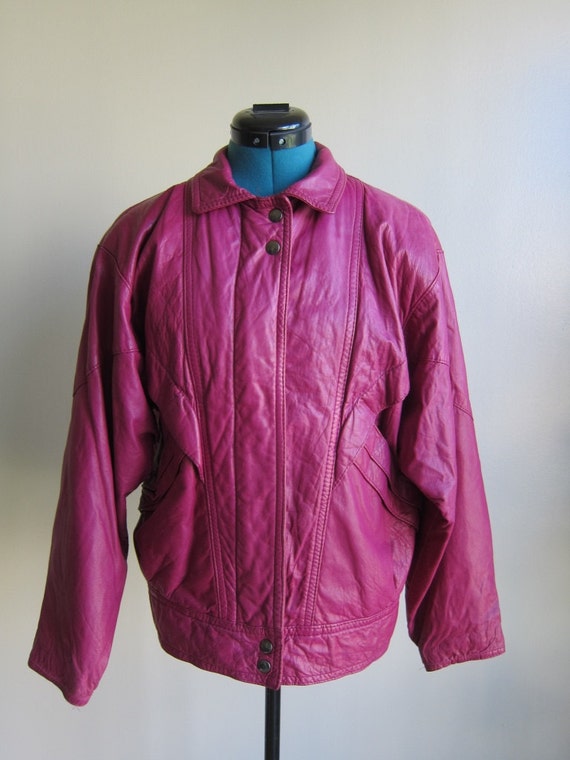 Vintage 80s Magenta Pink Leather Jacket Coat Diag… - image 2