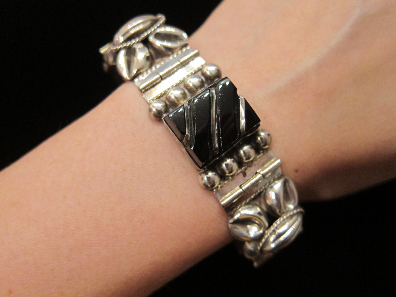 Vintage Mexican Sterling Silver Black Onyx Panel Link Bracelet - Etsy