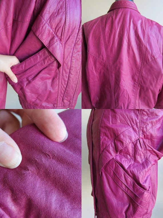 Vintage 80s Magenta Pink Leather Jacket Coat Diag… - image 5