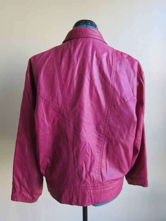 Vintage 80s Magenta Pink Leather Jacket Coat Diag… - image 4