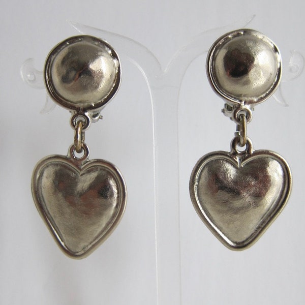 Vintage Edouard Rambaud Paris Silver Tone Metal Circle and Heart Statement Dangling Drop Clip on Earrings 80s Runway French Designer Bold