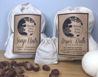 Organic Soap Nut Berry & Dryer Ball Combo, 1lb Soap Nut Berries 6 Wool Dryer Balls Reusable Sustainable Chemical Free All Natural Home Clean