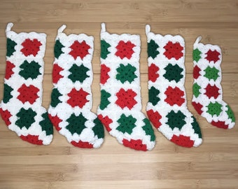 Set of 5 Crochet Granny Square Christmas Holiday Stocking Decor