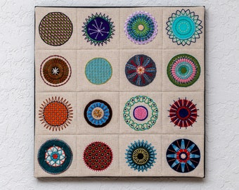 Hand Stitched Mini Quilt - 16 Unique Embroidered Wool Circles on Natural Cotton - Ready for Hanging