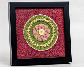 Mini Hand Stitched Mandala Framed - Green, Pink - Ready for Hanging or Easel Back for Display on Mantle or Shelf