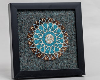 Mini Hand Stitched Mandala Framed - Blue,, Brown, Tan - Ready for Hanging or Easel Back for Display on Mantle or Shelf