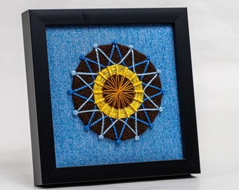 Mini Hand Stitched Mandala Framed - Blue, Yellow, Gold - Ready for Hanging or Easel Back for Display on Mantle or Shelf