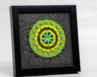 Mini Hand Stitched Mandala Framed - Green, Teal, Yellow - Ready for Hanging or Easel Back for Display on Mantle or Shelf