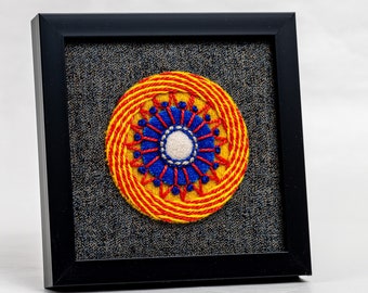 Mini Hand Stitched Mandala Framed - Yellow, Red, Blue - Ready for Hanging or Easel Back for Display on Mantle or Shelf