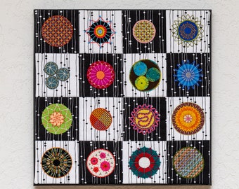 Hand Stitched Mini Quilt - 16 Unique Embroidered Wool Circles/Mandalas - Ready for Hanging