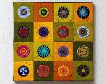 Hand Stitched Mini Quilt - 16 Unique Embroidered Wool Circles/Mandalas - Ready for Hanging