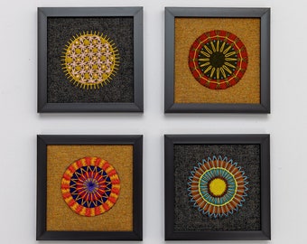 Set of 4 - Mini Hand Stitched Mandala Framed - Grey & Mustard backgrounds - Ready for Hanging or Easel Back for Display on Mantle or Shelf