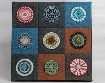 Hand Stitched Mini Quilt - 9 Unique Embroidered Wool Circles - Ready for Hanging