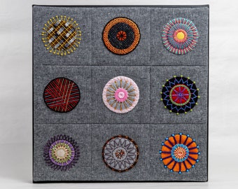 Hand Stitched Mini Quilt - 9 Unique Embroidered Wool Circles on Essex Linen - Ready for Hanging