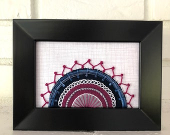 Rising Mandala Hand-embroidery on Wool - Geometric design- Easel Back for Display on Mantle or Shelf