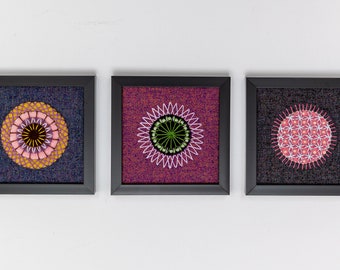 Set of 3 - Mini Hand Stitched Mandala Framed - Pinks & Mauve - Ready for Hanging or Easel Back for Display on Mantle or Shelf