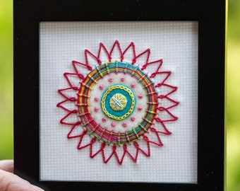 Hand Embroidered Mandala - Wool Felt Applique Geometric Circle - Easel Back for Display on Mantle or Shelf