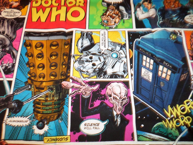 Dalik Weeping Angel Pillowcase made from Doctor Who Comic Strip cotton fabric w green trim includes Tardis Zygot Obb Silence Cyberman
