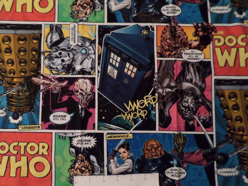 Dalik Weeping Angel Pillowcase made from Doctor Who Comic Strip cotton fabric w green trim includes Tardis Zygot Obb Silence Cyberman