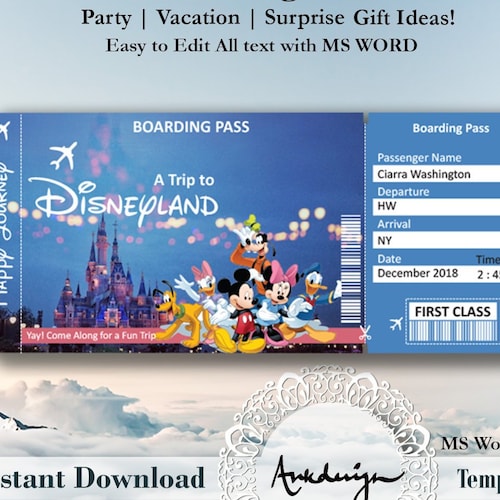 Disneyland Printable Airline Ticket Boarding Pass Template Etsy