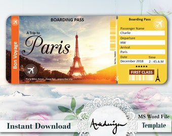 PARIS Ticket template Airline Ticket Digital download | Etsy