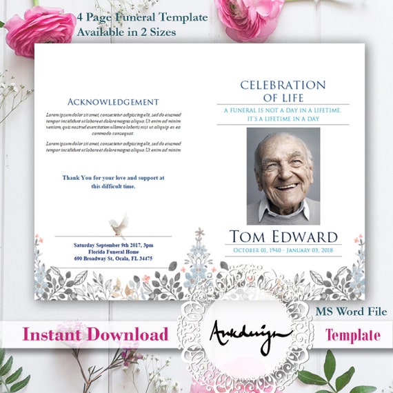 celebration of life template white dove funeral 4 page funeral program template funeral card digital download ms word funeral card men celebration of life template
