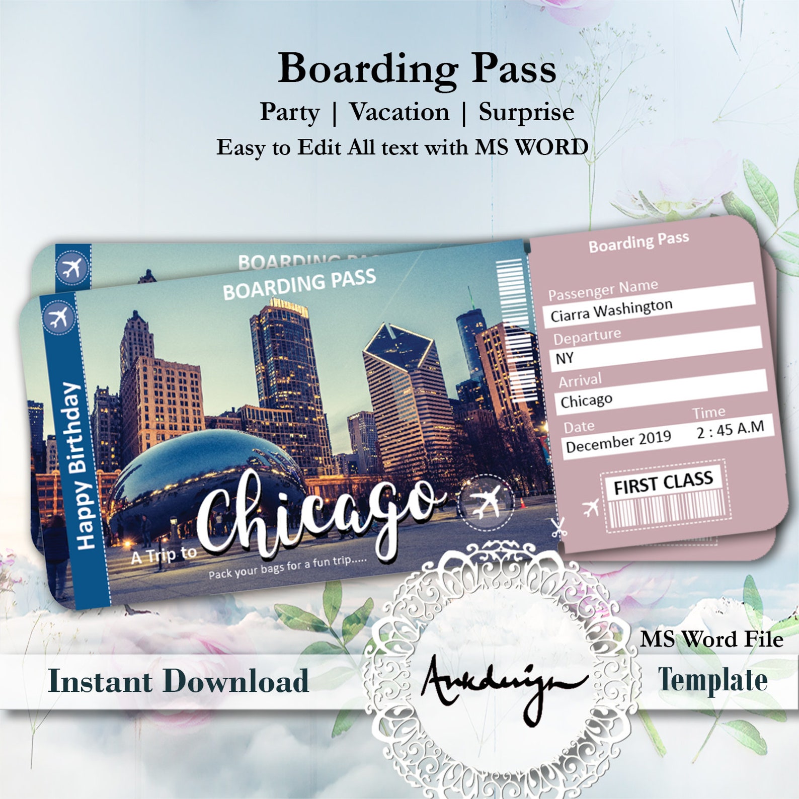 Chicago Ticket, Airline Ticket Digital Download, Airplane Ticket
