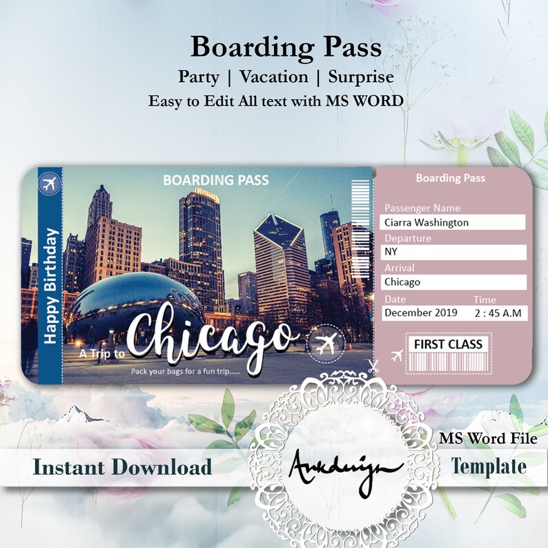 Chicago Ticket Airline Ticket Digital Download Airplane Etsy UK