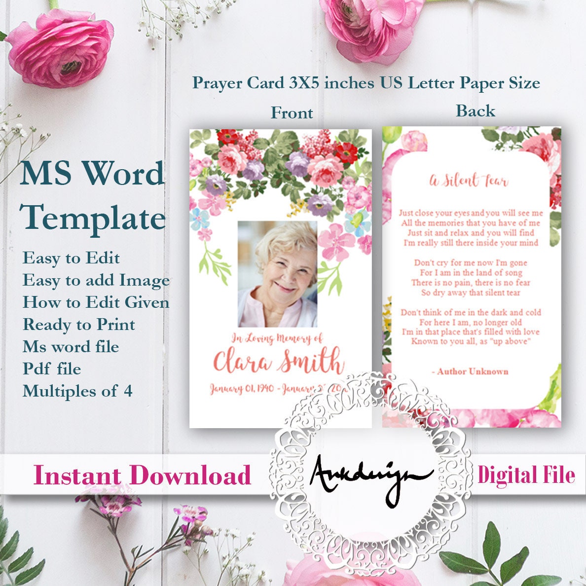 Floral Funeral Prayer Card template Word Funeral Prayer Printable Funeral  Cards Memorial template Rose Prayer template funeral memorial card Pertaining To Memorial Card Template Word