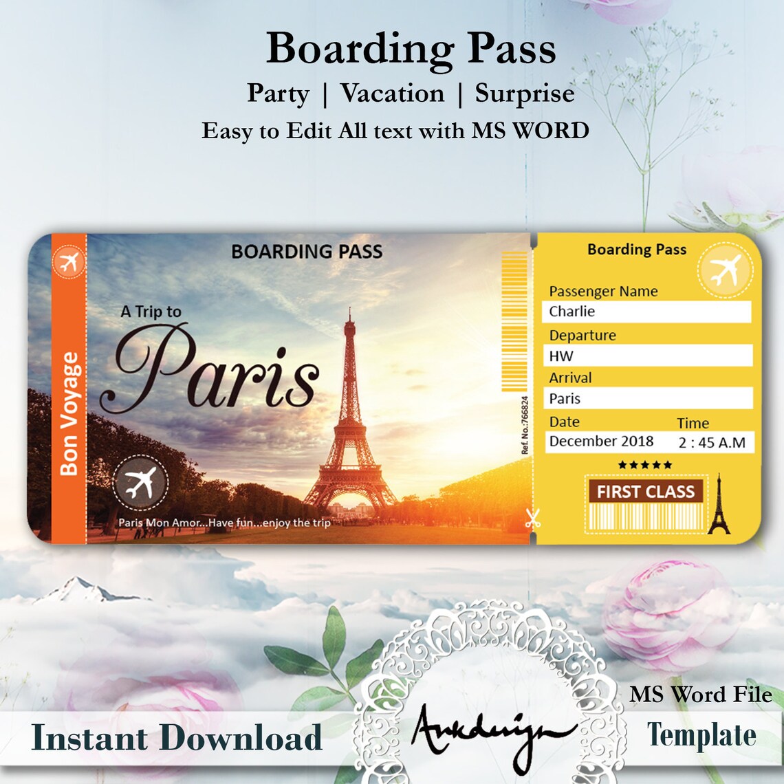 PARIS Ticket Template Airline Ticket Digital Download - Etsy